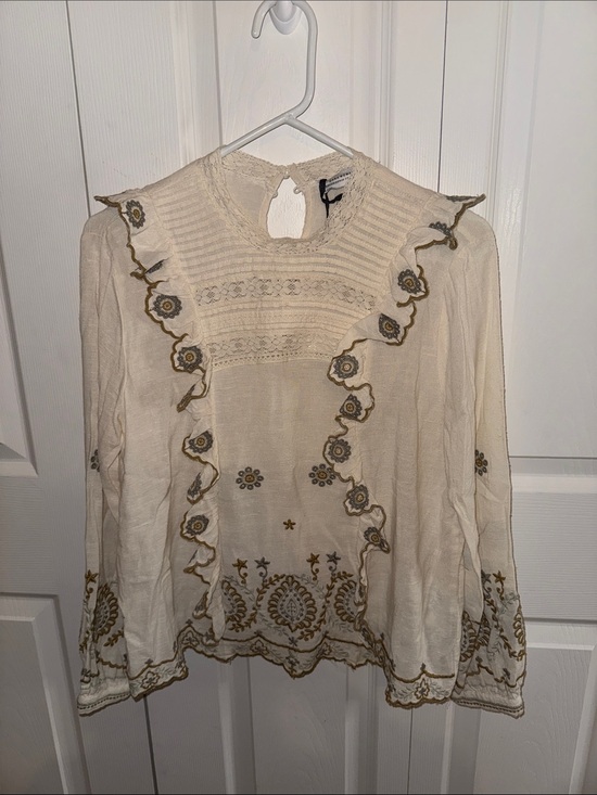Zara Tops - Zara Cream Embroidered Ruffle Neck Blouse NEW